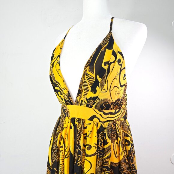 NWT Fashion Nova Yellow Black That Time of Day Deep V Maxi Flowy LOw Back Dress - Picture 6 of 11
